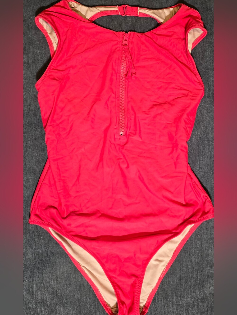 Anthropologie Coral Red Zip Front Open Back One Piece Swimsuit Size Small